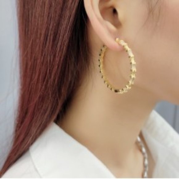 NEW Gold Pave CZ Diamond Hoop Earrings - Picture 4 of 8